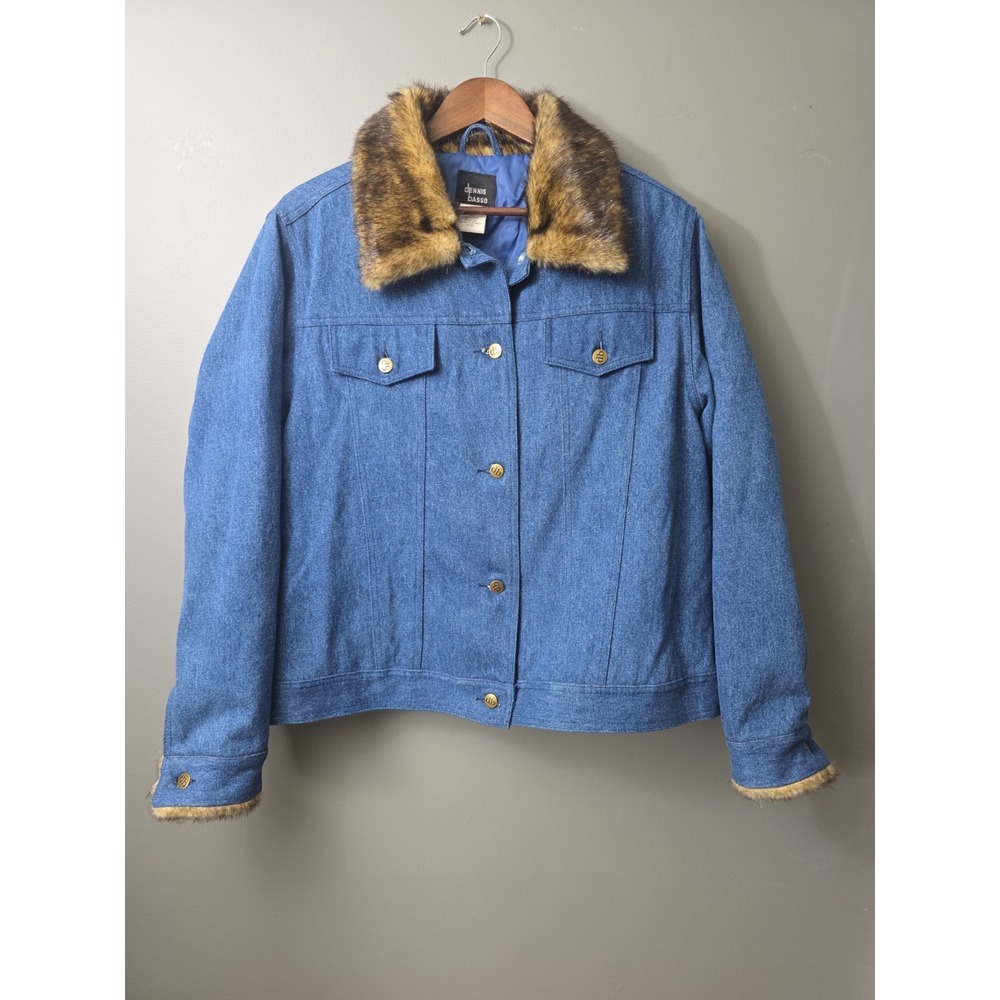 Dennis Basso Jacket Womens Large Blue Denim Faux Fur Collar Cuffs Quilted Coat